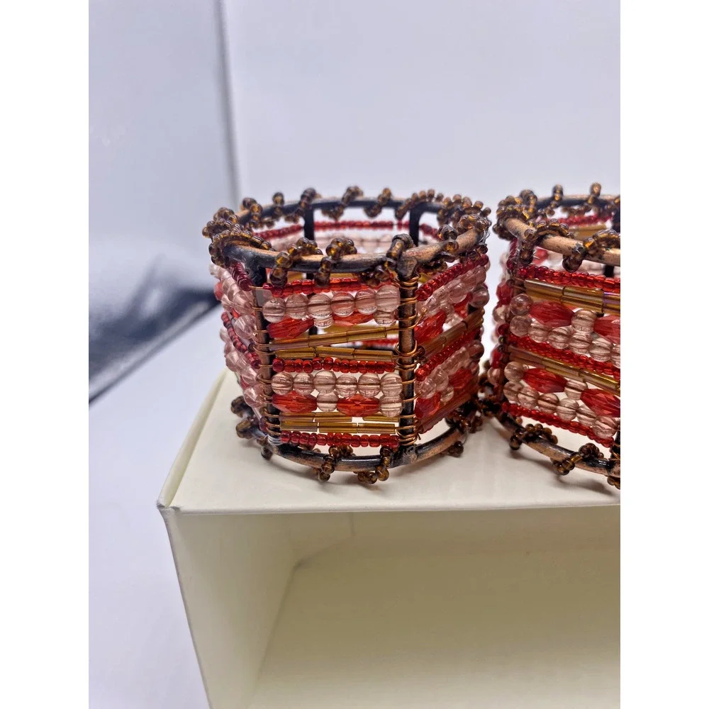Pier 1 Imports Napkin Rings Moroccan Beaded Brown Red Y2K Boho Earthy Retro NEW